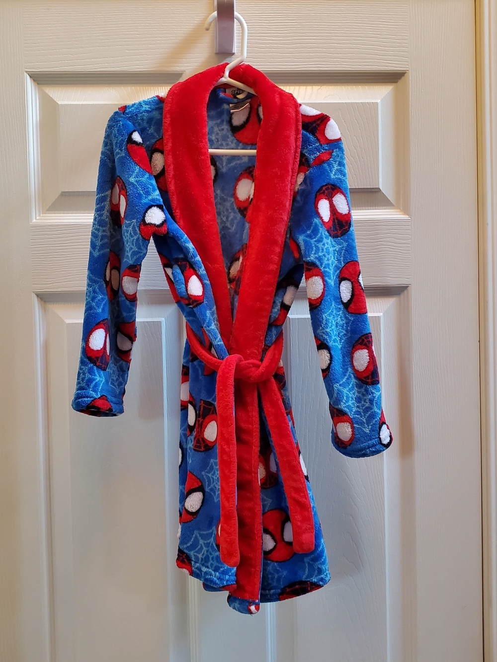 Kids Blue and Red Spider Mask Plush Robe - Soft Hooded Pajama Coat